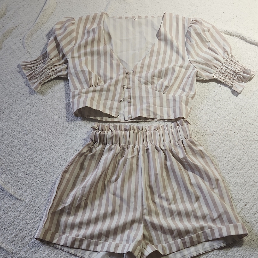 Striped Two-Piece Set with Puff Sleeves
